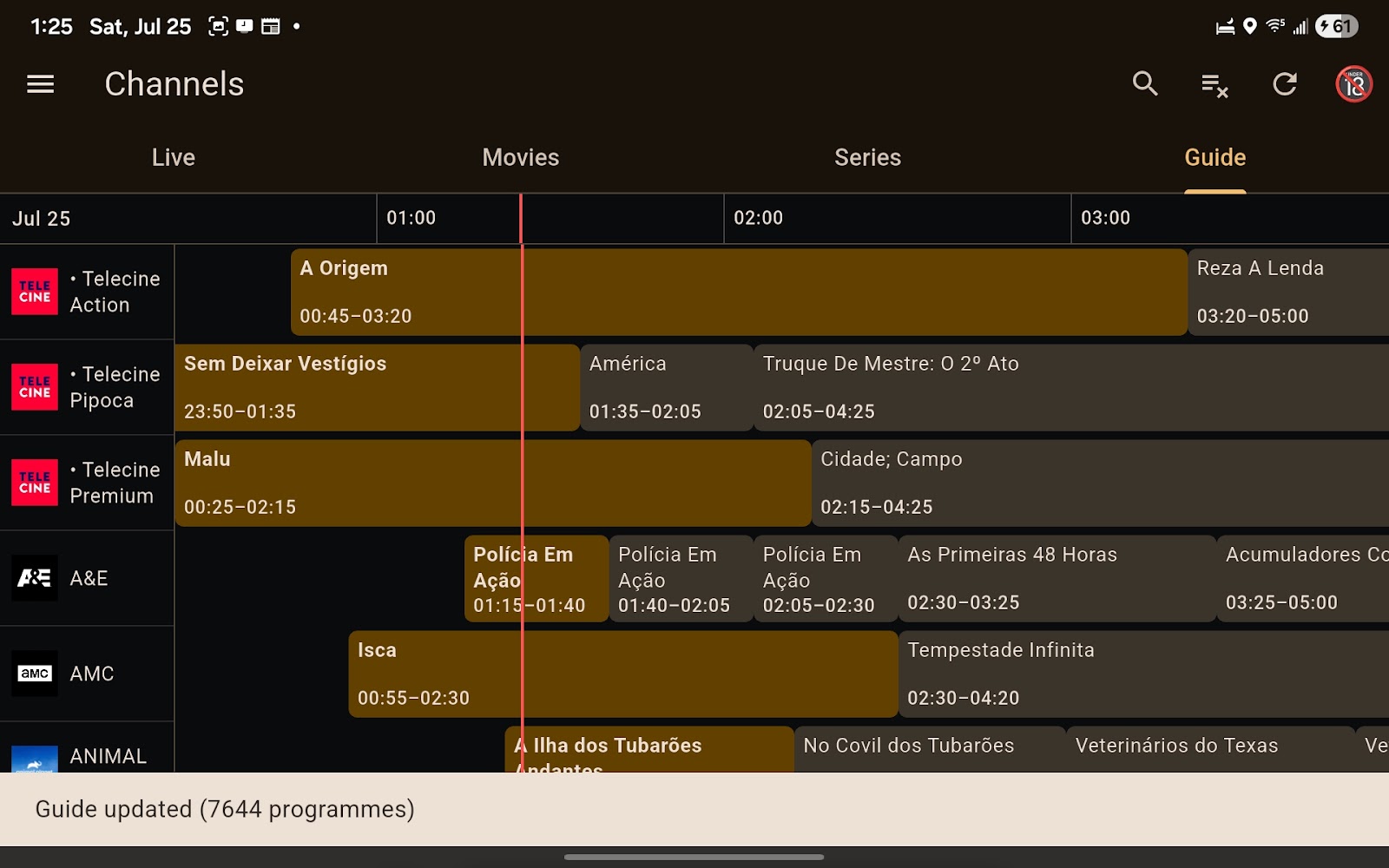 Guia de programação com grade de horários de todos os canais