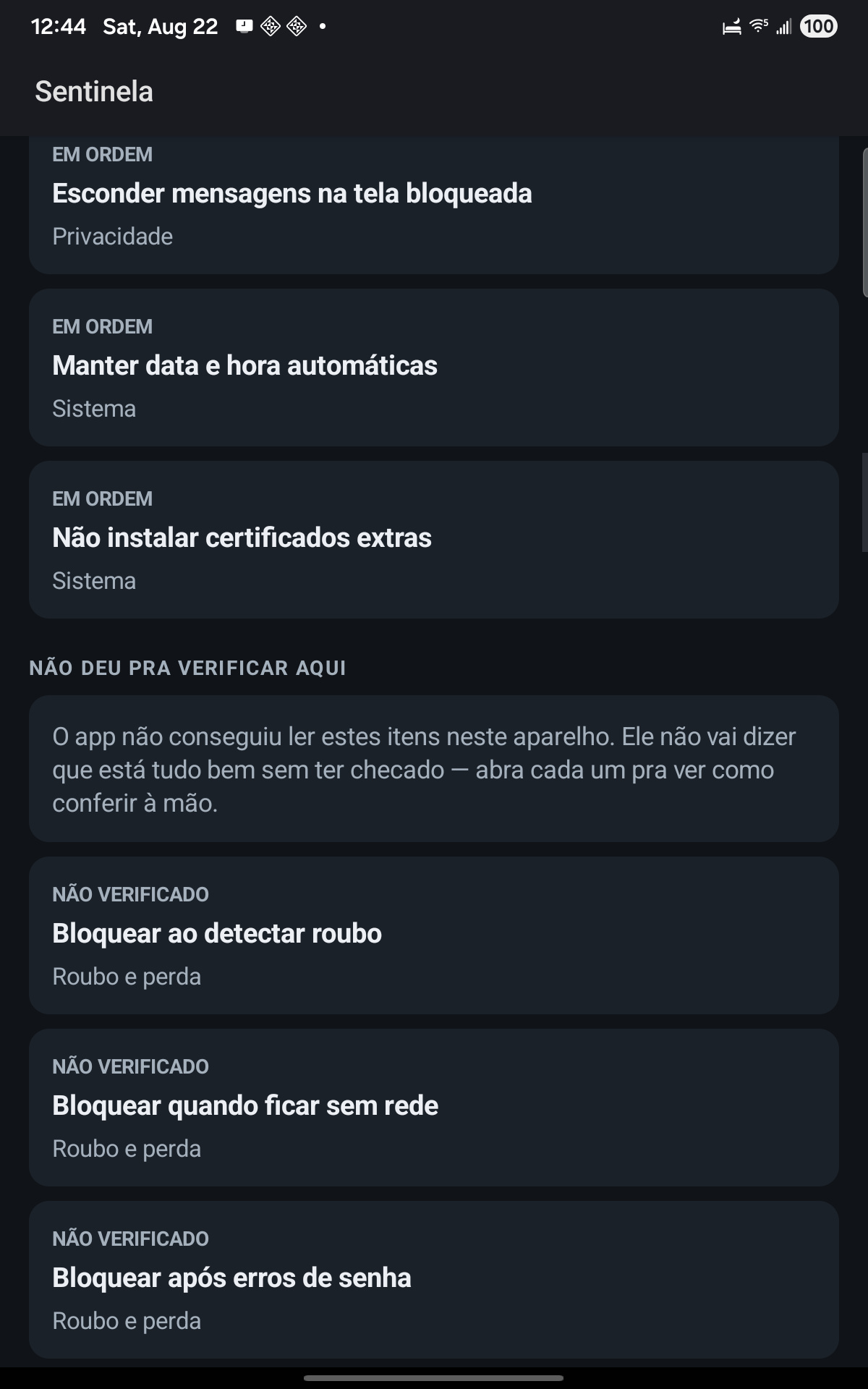 Itens já em ordem e os que o app não pôde verificar